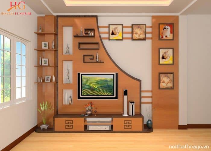 Kệ gỗ ốp tường kết hợp với kệ tivi phòng khách