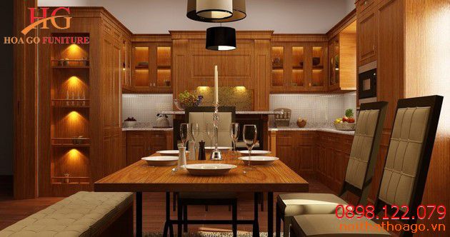 Khi phòng bếp được đặt các món đồ bằng chất liệu gỗ sẽ mang đến không gian gọn gàng ấm cúng mà rất sạch sẽ - nội thất nhà phố gỗ